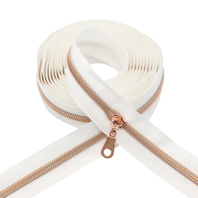 YaHoGa #5 Rose Gold Metallic Nylon Coil Zippers by The Yard Bulk White Tape 10 Yards with 25pcs Pulls for DIY Sewing Tailor Craft Bag (White) - Image 3